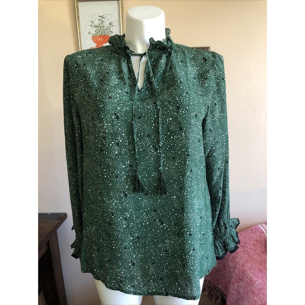 Rungolee Katarina Silk Green White Dotted Print Blouse XL Ruffle Long Sleeve Tie